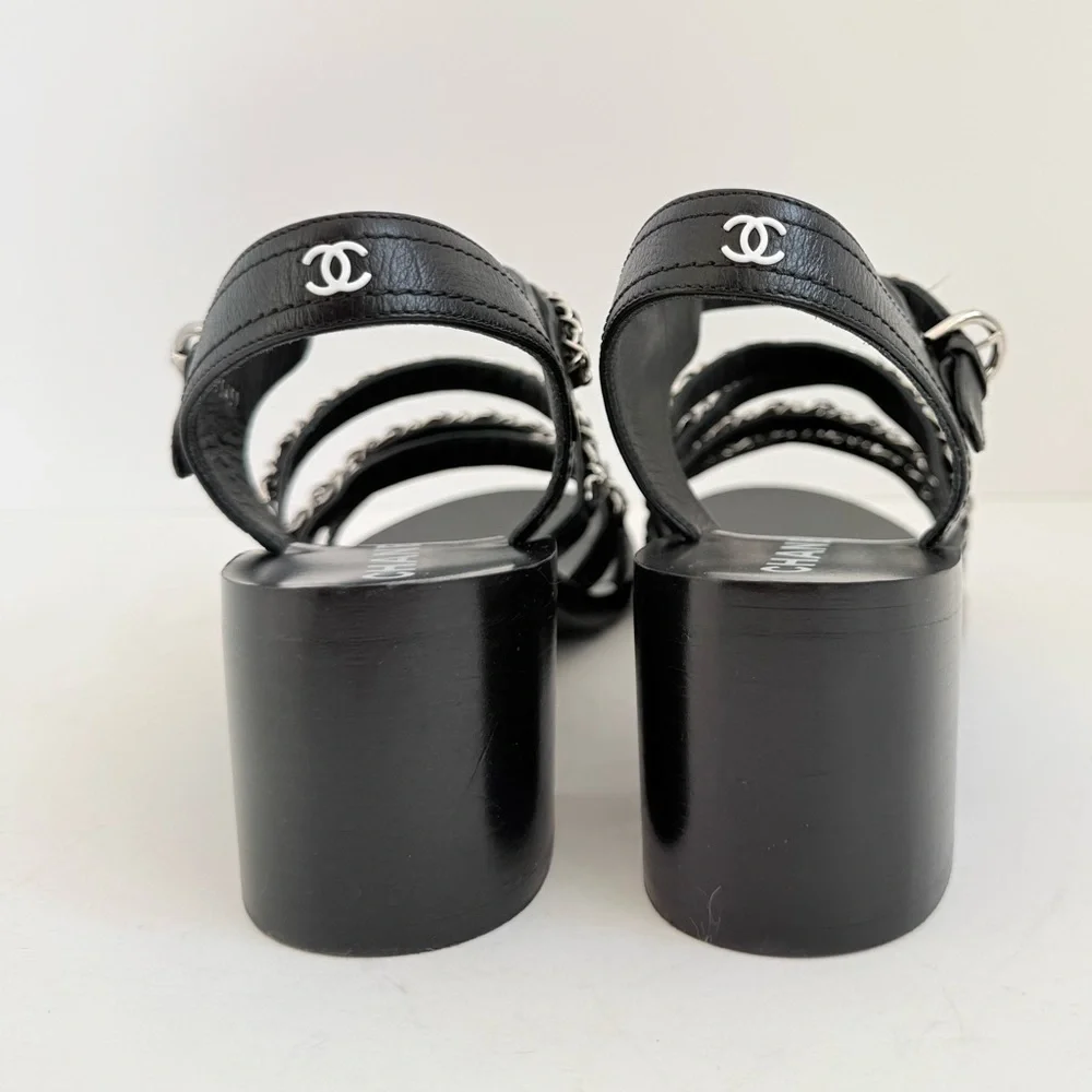 Chanel 20C Chain Strap Sandals Black Calfskin Silver Chain Heel Sandals EU 39.5